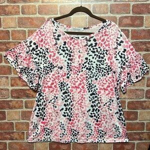 MISSLOOK Women’s Leopard Top, Shirt Flared Sleeves, Size Large, Pinks and Grays